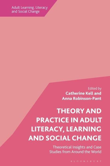 Buchtitel: "THEORY AND PRACTICE IN ADULT LITERACY, LEARNING AND SOCIAL CHANGE". Rosa Hintergrund.