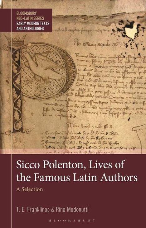 "BLOOMSBURY NEO-LATIN SERIES" in der oberen Ecke, "Sicco Polenton, Lives of the Famous Latin Authors" unten. Manuskriptseite im Hintergrund.