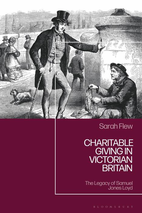 Buchtitel: "Charitable Giving in Victorian Britain" von Sarah Flew. Illustration: Ein Mann und ein Bettler in viktorianischer Kleidung.