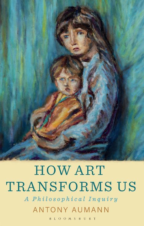 Titel: HOW ART TRANSFORMS US. Illustration: Zwei Personen, eine Erwachsene und ein Kind, vor blauem Hintergrund.