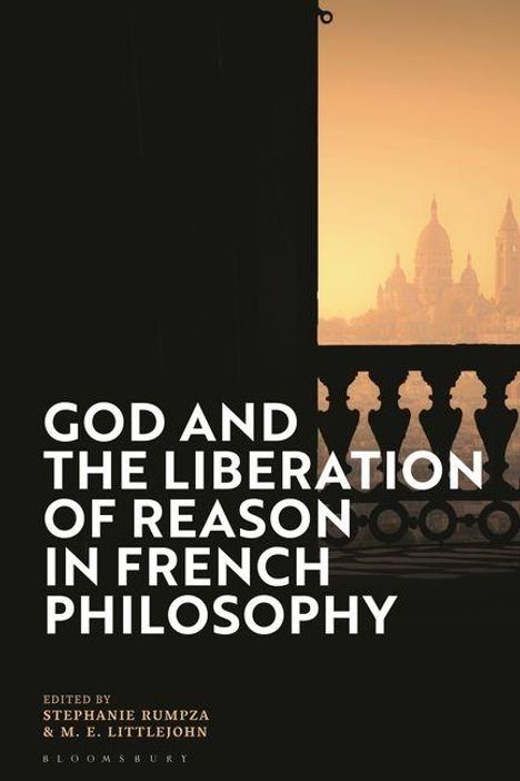 "God and the Liberation of Reason in French Philosophy" steht in großen weißen Buchstaben. Im Hintergrund ist eine Silhouette einer Stadtansicht mit einer Kirche bei Sonnenuntergang zu sehen.