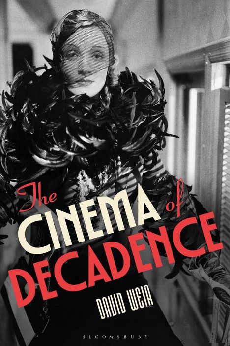 "The Cinema of Decadence", David Weir. Schwarz-Weiß-Foto einer elegant gekleideten Person mit Federn und Netzschleier.