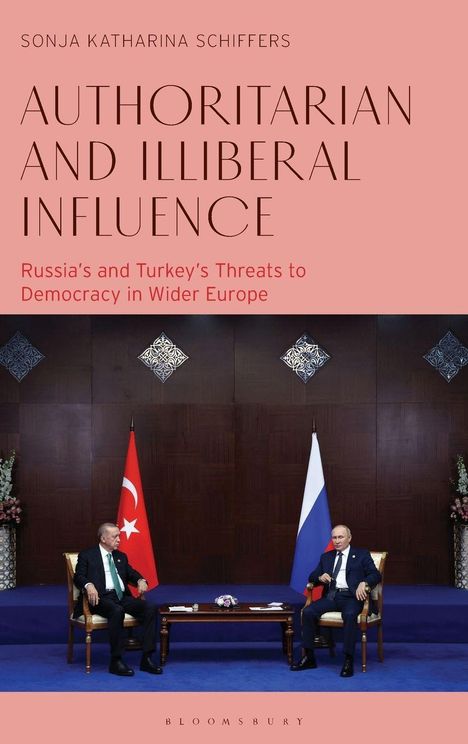 "Authoritarian and Illiberal Influence" – zwei Staatsoberhäupter sitzen getrennt durch Tische, Hintergründe mit Flaggen.