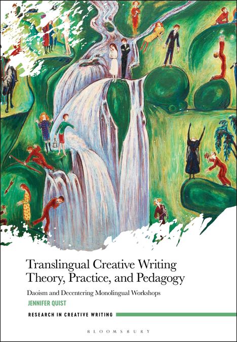„Translingual Creative Writing Theory, Practice, and Pedagogy“, bunte Illustration von Menschen und Wasserfällen auf grüner Landschaft.