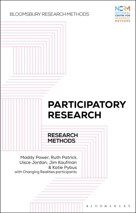 "Participatory Research", Autorenliste, Linienmuster, "Bloomsbury Research Methods", NCRM-Logo, klarer, moderner Stil.