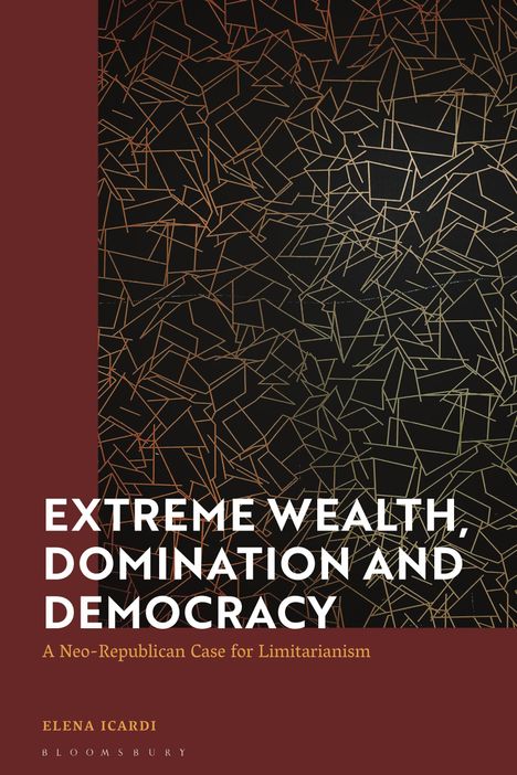 „EXTREME WEALTH, DOMINATION AND DEMOCRACY“ über abstraktes Linienmuster, rot-schwarzer Hintergrund.