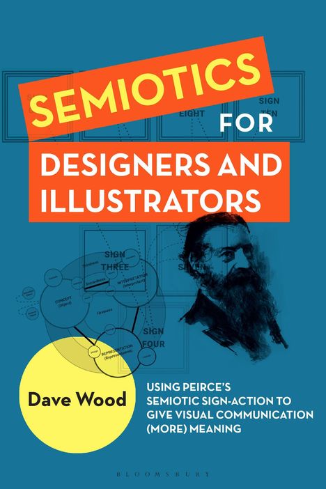 „SEMIOTICS FOR DESIGNERS AND ILLUSTRATORS“, „Dave Wood“, Illustration eines Mannes, Diagramme im Hintergrund.