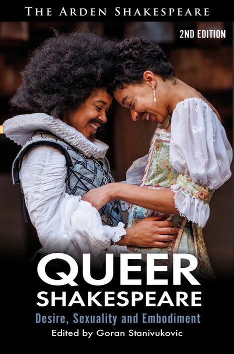 "QUEER SHAKESPEARE" mit Untertitel "Desire, Sexuality and Embodiment". Zwei Personen in historischen Kostümen lachen.