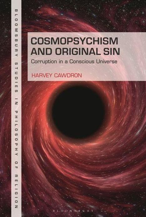 „Cosmopsychism and Original Sin“ von Harvey Cawdron. Schwarzes Loch mit rotem Spiralnebel im Hintergrund.