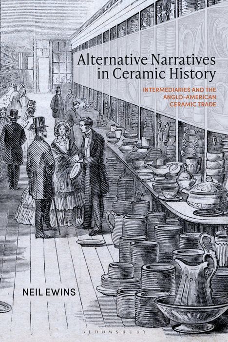 Text: "Alternative Narratives in Ceramic History". Illustration eines antiken Keramikladens mit Menschen in historischer Kleidung.