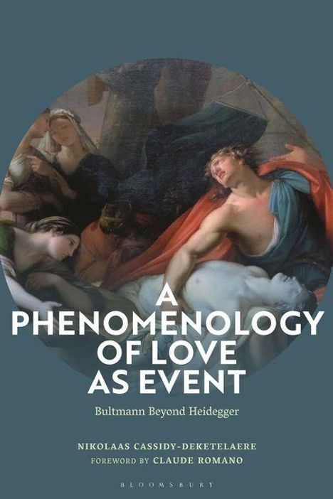 "A PHENOMENOLOGY OF LOVE AS EVENT" und andere Texte über einem klassischen Gemälde mit mehreren Personen.