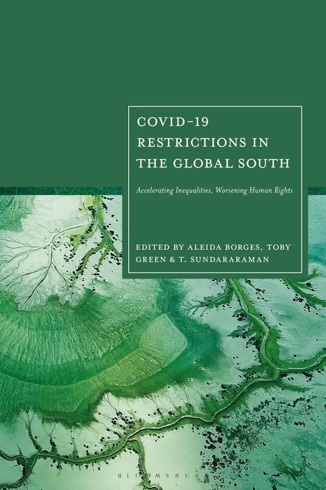 Buchtitel: "COVID-19 Restrictions in the Global South". Grüner Hintergrund mit abstrakter Landschaftsillustration.