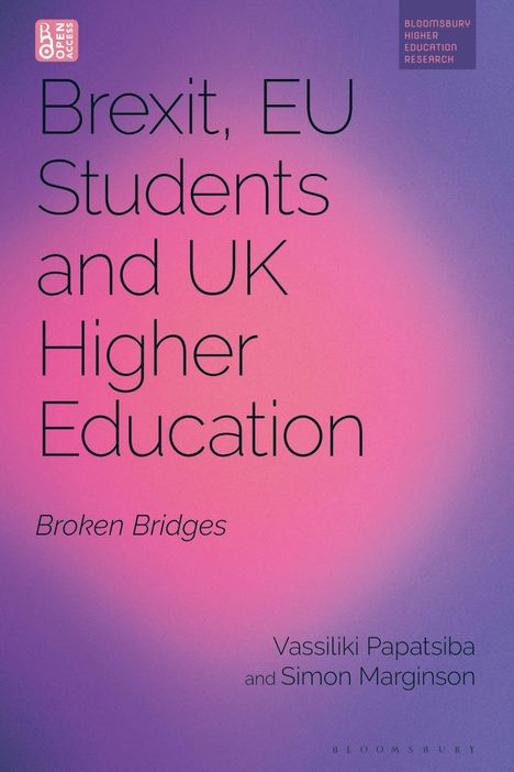 Text: "Brexit, EU Students and UK Higher Education: Broken Bridges. Vassiliki Papatsiba and Simon Marginson." Gradient in Rosa und Lila.