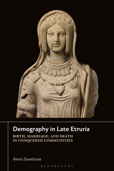 "Demography in Late Etruria" von Alexis Daveloose. Statue einer Frau mit aufwendigem Kopfschmuck und Gewand.