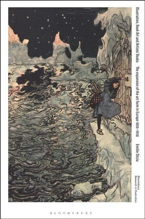 Rechts steht: "Illustration; Book and Artist's Books...", links ein Mädchen in einem eisigen, fantasievollen Landschaftsgemälde.
