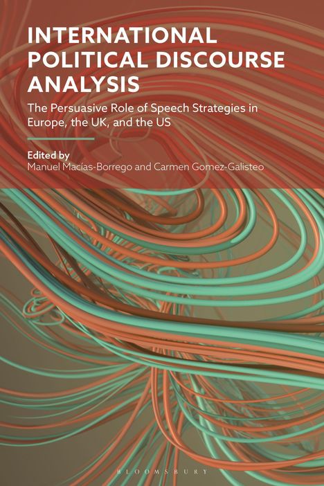 „INTERNATIONAL POLITICAL DISCOURSE ANALYSIS“ in Großbuchstaben, abstrakte Grafik mit geschwungenen Linien in Orange und Grün.