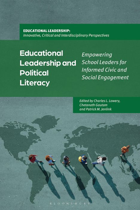 [Bildbeschreibung]: Titel: "Educational Leadership and Political Literacy". Menschen laufen über eine Weltkarte auf grünem Hintergrund.