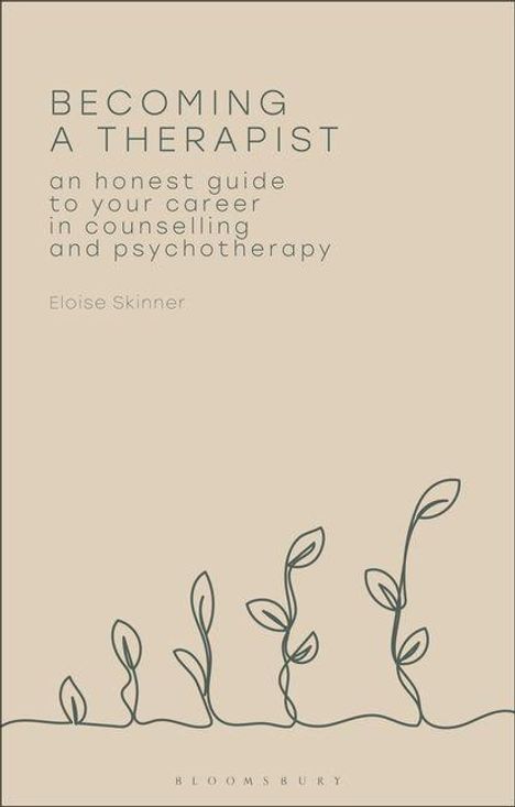 BECOMING A THERAPIST. Ein handgezeichneter Stängel mit Blättern schlängelt sich nach oben. Beige Hintergrund.