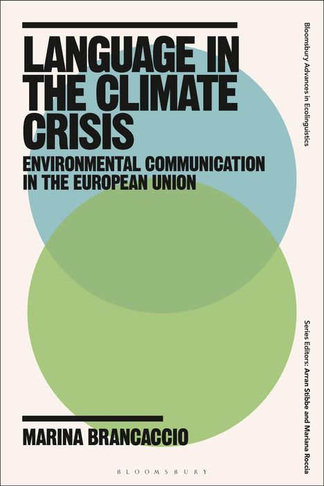 „Language in the Climate Crisis“; große grüne und blaue Kreise mit Überlappung im Hintergrund.