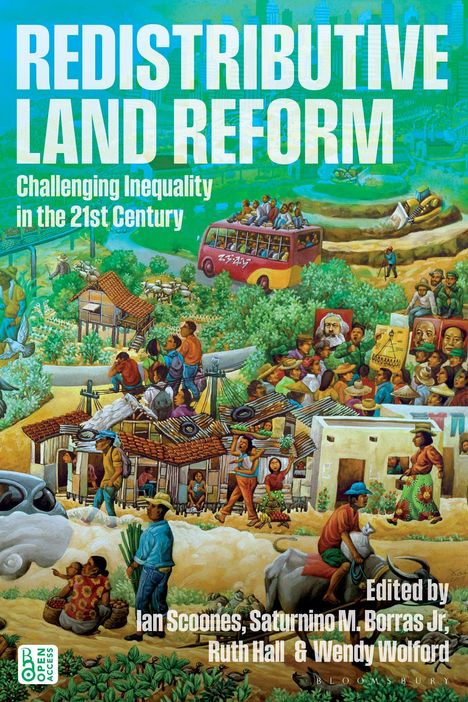 Buchtitel: "Redistributive Land Reform: Challenging Inequality in the 21st Century". Illustration von Landarbeitern und Landschaften.