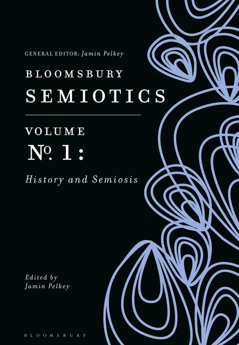 "Bloomsbury Semotics Volume No. 1: History and Semiosis", blaue abstrakte Linienmuster auf schwarzem Hintergrund.