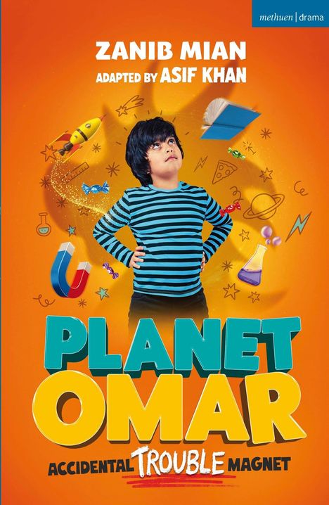 „Zanib Mian, adapted by Asif Khan. PLANET OMAR: Accidental Trouble Magnet.“ Junge in blauem Streifenshirt, bunte Symbole.