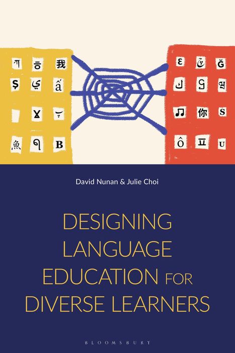"David Nunan & Julie Choi, Designing Language Education for Diverse Learners." Illustration mit Spinnennetz und Symbolen.