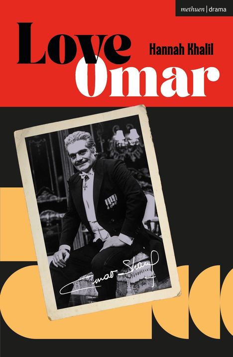 Text: "Love Omar" und "Hannah Khalil". Schwarz-weißes Foto eines Mannes in Anzug mit Auszeichnungen, vintage Stil.
