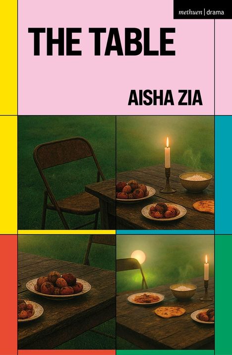 Text: "THE TABLE" und "AISHA ZIA". Illustration eines Tisches mit Essen und brennender Kerze auf einer Wiese.