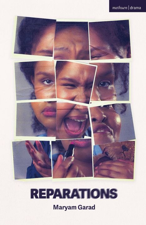 „REPARATIONS“ und „Maryam Garad“ in Weiß auf Blau. Collage von Gesichtsausdrücken, teils Lippenstift und Teddy.
