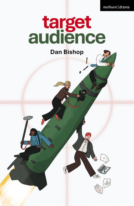 "Target Audience" und "Dan Bishop" stehen im Fokus. Darunter reiten Menschen mit Film-Equipment auf einer Rakete vor einem Fadenkreuz.