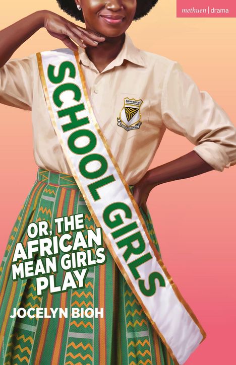 "School Girls", Illustration einer Frau in Schuluniform mit Schärpe, afrikanisches Musterröckchen, freundlicher Ausdruck.
