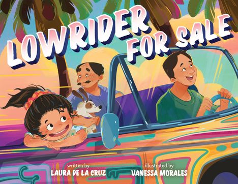 "LOWRIDER FOR SALE" in großer, verspielter Schrift über einer fröhlichen Familie in einem bunten Auto bei Sonnenuntergang.