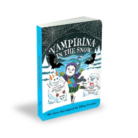 "Vampirina in the Snow" in großen Buchstaben, Illustration: Fröhliches Vampirmädchen im Schnee, umgeben von Schneemonstern.