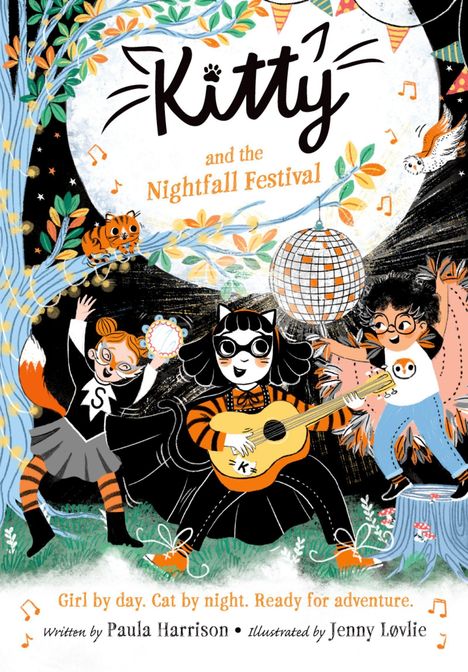 „Kitty and the Nightfall Festival.“ Ein Mädchen mit Katzenohren spielt Gitarre, umgeben von Freunden, einem Fuchs und Disco-Kugel.