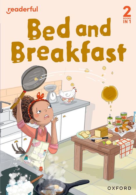 "Bed and Breakfast" groß geschrieben. Ein Mädchen kocht in einer chaotischen Küche, wirbelt eine Pfanne; Essen fliegt.