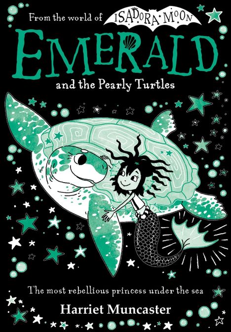 "Emerald and the Pearly Turtles" in grüner Schrift mit einer Meerjungfrau und Schildkröte umgeben von Sternen.