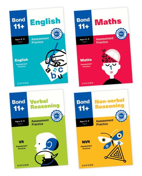 Vier farbige Bucheinbände mit Titeln: "English", "Maths", "Verbal Reasoning", "Non-verbal Reasoning". Illustrationen passend.