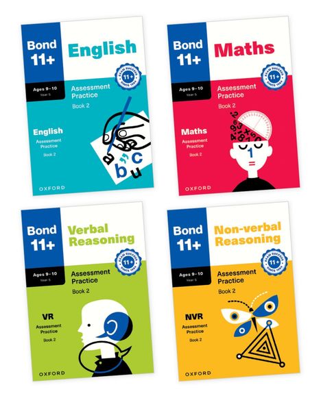 Vier bunte Buchcover mit Titeln: English, Maths, Verbal Reasoning, Non-verbal Reasoning. Enthalten Illustrationen.