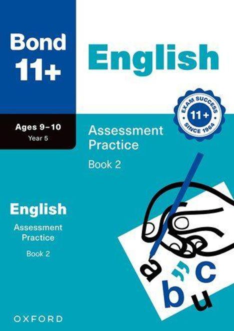 "Bond 11+, English, Assessment Practice Book 2, Ages 9-10, Year 5" mit einer Illustration von Zahlen und Buchstaben.