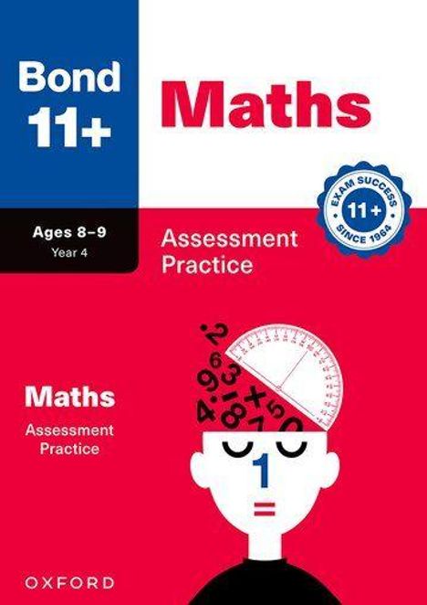 "Bond 11+, Maths, Ages 8-9 Year 4, Assessment Practice". Illustration: Kind mit Ziffern auf dem Kopf, Winkelmesser.