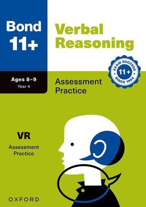 "Bond 11+ Verbal Reasoning. Ages 8-9 Year 4. Assessment Practice. Illustration eines stilisierten Profils in Grün und Blau."