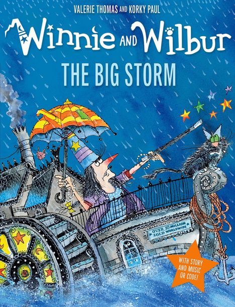 "Winnie and Wilbur: The Big Storm." Frau mit buntem Schirm und Katze auf einem Dampfschiff im Regen, lustige Illustration.