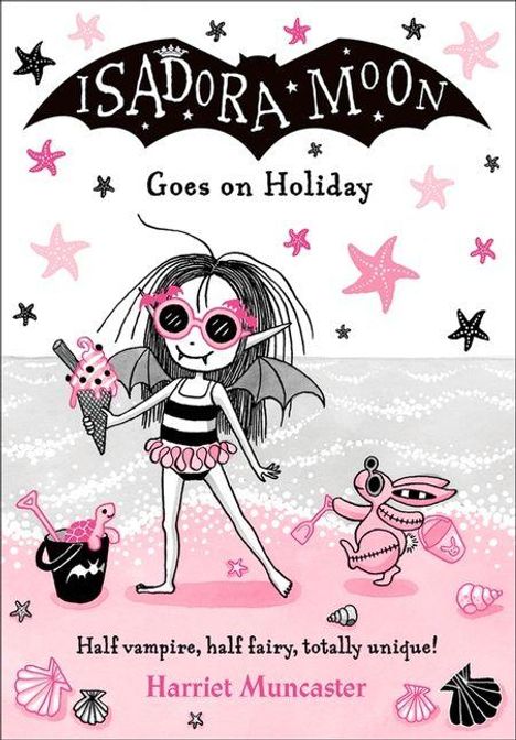 „Isadora Moon Goes on Holiday“ – Ein Mädchen mit Eiscreme, umgeben von Strandspielzeug und Seesternen in Rosa und Schwarz.