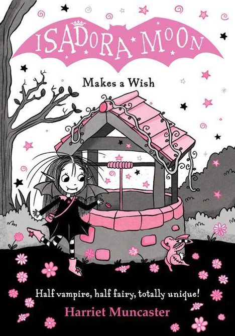 "Isadora Moon Makes a Wish" steht über einem Wunschbrunnen mit einem Mädchen und Häschen, umgeben von Sternen und Bäumen.