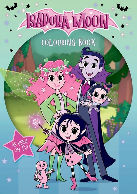 "ISADORA MOON COLOURING BOOK" steht oben, mit einer Familie aus einem Vampir, einer Fee und Kindern in einem Cartoon-Stil.