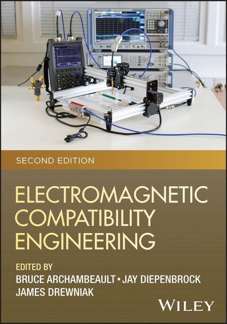 Text: "Second Edition. Electromagnetic Compatibility Engineering. Edited by Bruce Archambeault, Jay Diepenbrock, James Drewniak. Wiley." 

Beschreibung: Testgeräte und ein Prüfstand mit elektronischem Equipment.