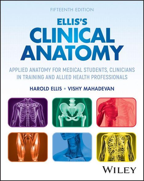 Text oben: "Fifteenth Edition; Ellis’s Clinical Anatomy." 
Darunter anatomische Illustrationen des menschlichen Körpers in Kästchen.