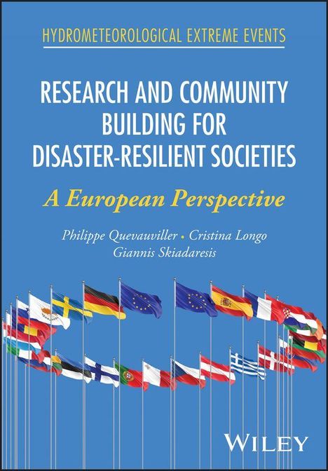 Text: "HYDROMETEOROLOGICAL EXTREME EVENTS. RESEARCH AND COMMUNITY BUILDING FOR DISASTER-RESILIENT SOCIETIES. A European Perspective." Darunter mehrere Flaggen europäischer Länder.