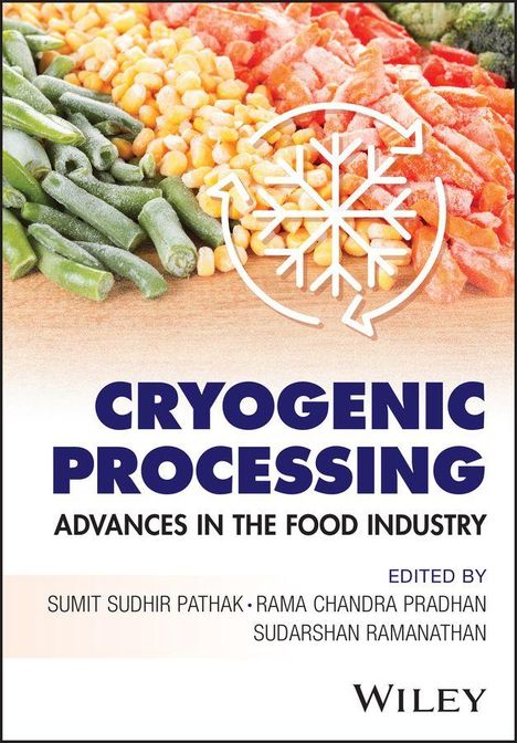 Text: "Cryogenic Processing: Advances in the Food Industry." Herausgegeben von drei Autoren. Zeigt gefrorenes Gemüse.